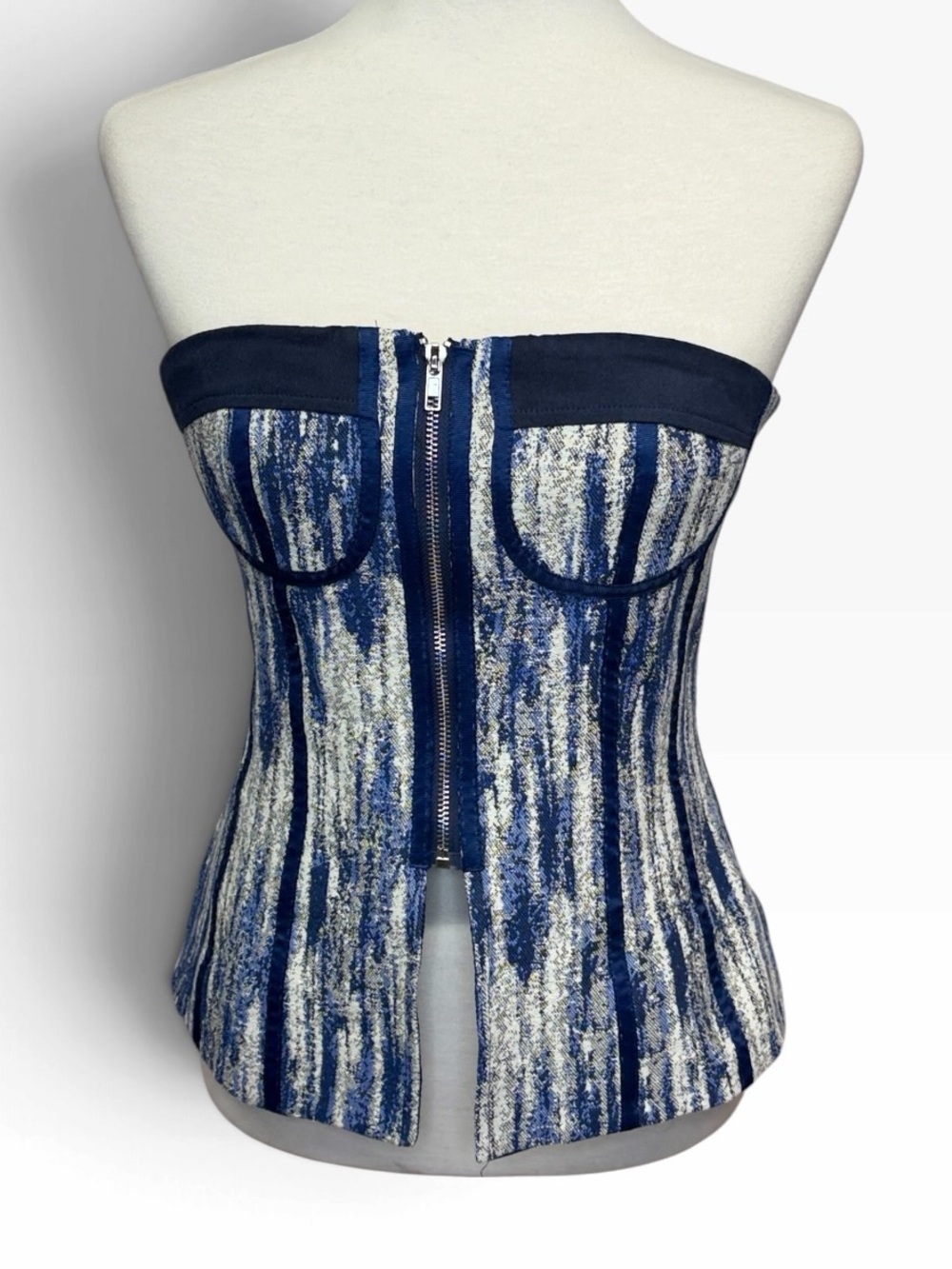 Micas Strapless Blue Printed Zip-Front Bustier Top